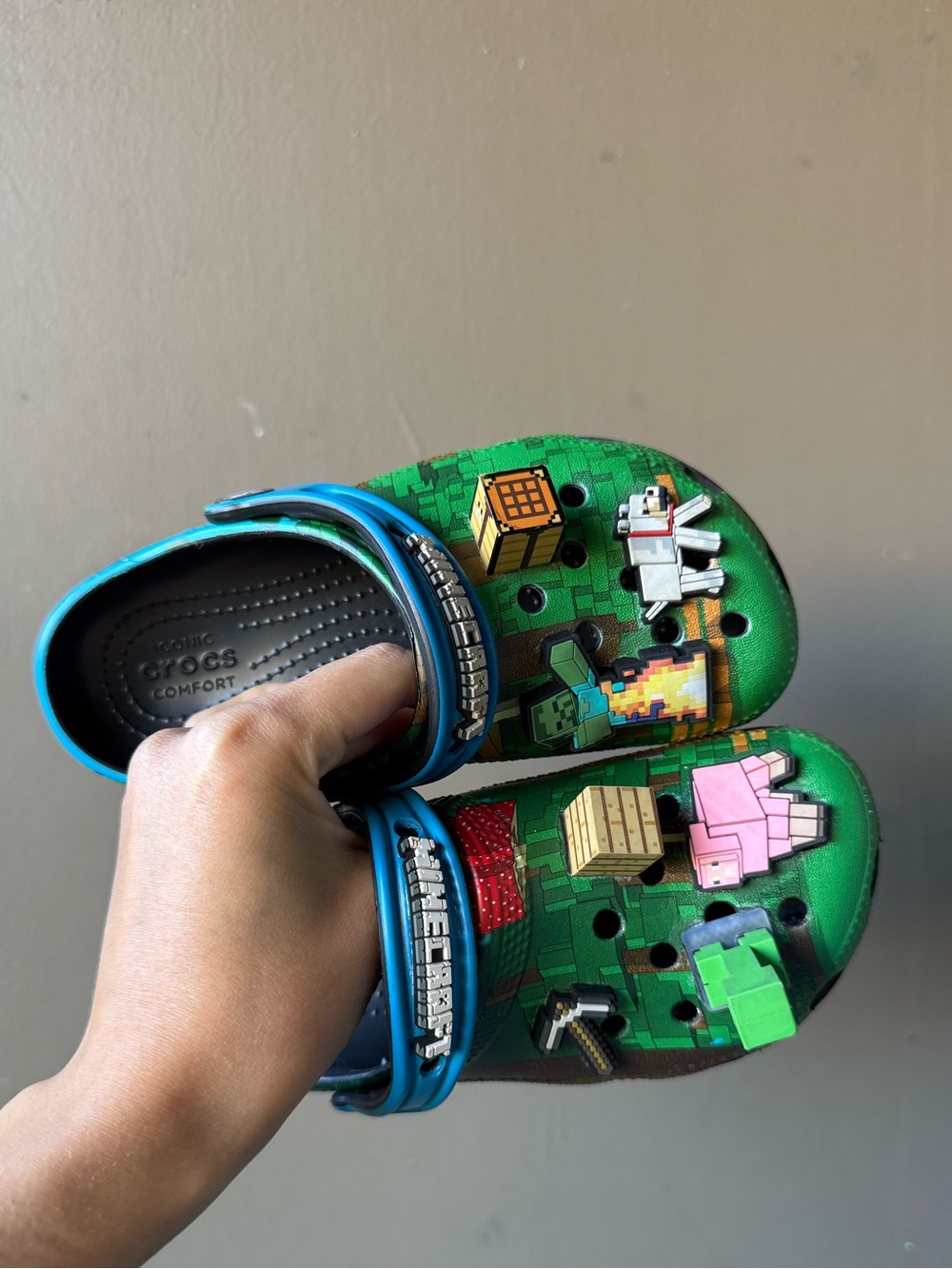 CROCS Kids Green Minecraft Character Clogs with Blue Straps and Charms